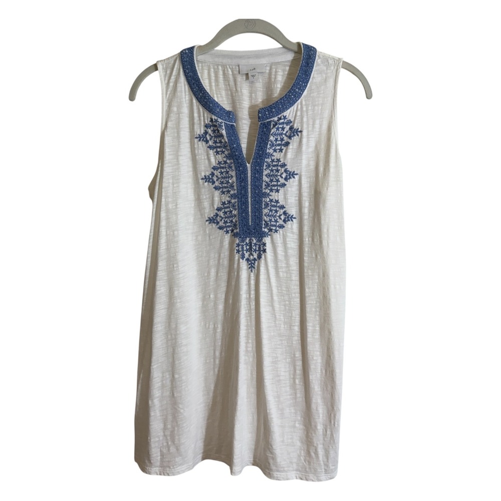 J.Jill Embroidered Tank Top Womens S White Blue Sleeveless Slub Knit Casual